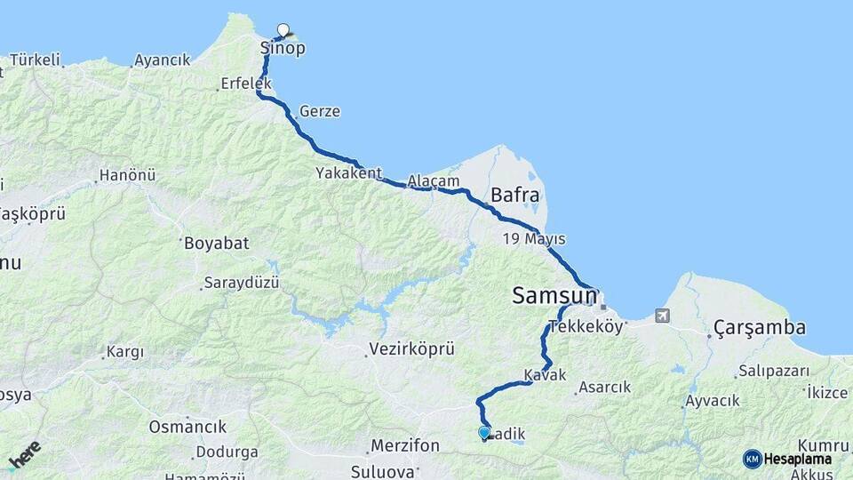 Samsun Ladik Sinop Arası Kaç Km - Yol Haritası