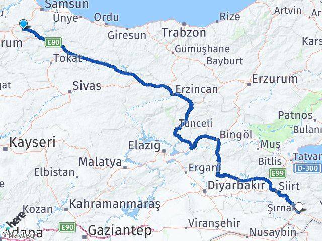 Samsun Ladik Şırnak Arası Kaç Km - Yol Haritası