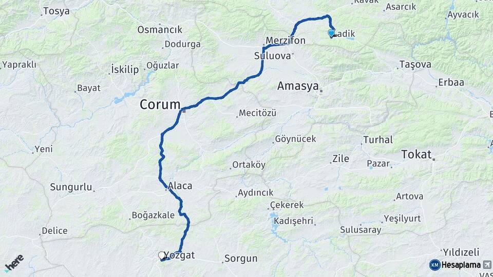 Samsun Ladik Yozgat Arası Kaç Km - Yol Haritası