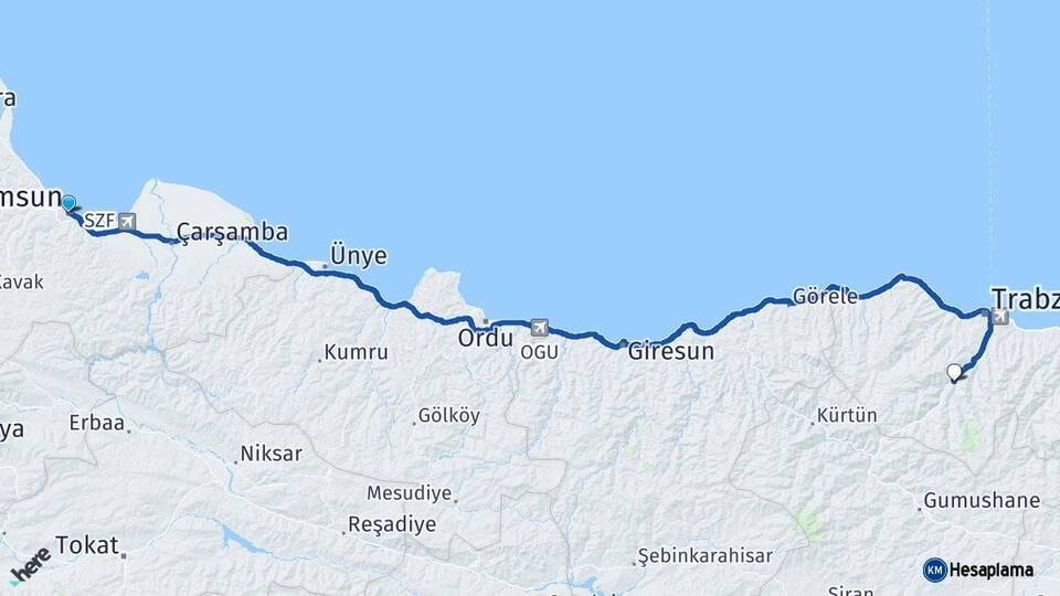 Samsun Maçka Trabzon Arası Kaç Km - Yol Haritası