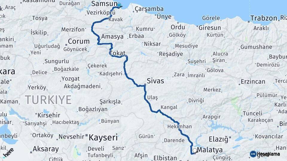 Samsun Malatya Arası Kaç Km - Yol Haritası
