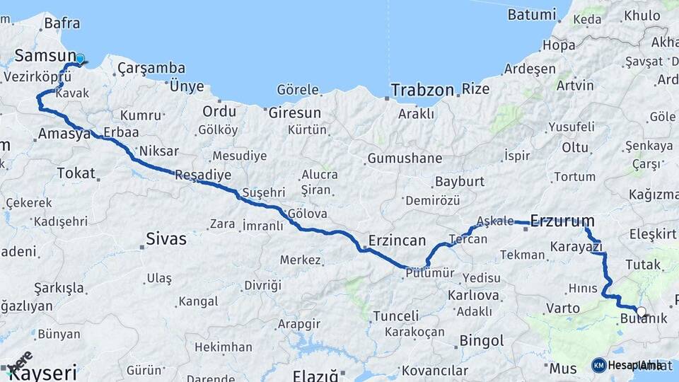 Samsun Malazgirt Muş Arası Kaç Km - Yol Haritası