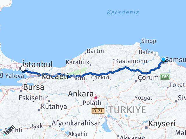Samsun Maltepe İstanbul Arası Kaç Km - Yol Haritası