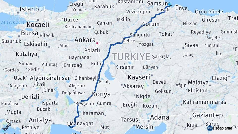 Samsun Manavgat Antalya Arası Kaç Km - Yol Haritası