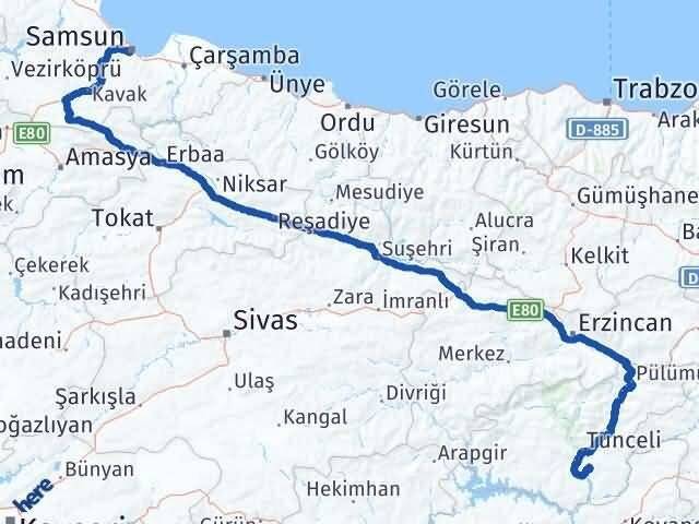 Samsun Mazgirt Tunceli Arası Kaç Km - Yol Haritası