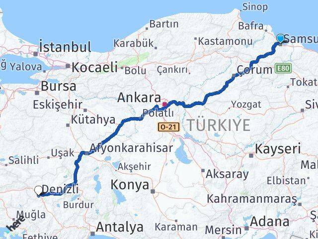 Samsun Merkezefendi Denizli Arası Kaç Km - Yol Haritası