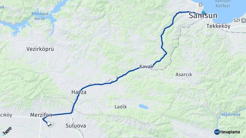 Samsun Merzifon Havalimanı Arası Kaç Km - Yol Haritası