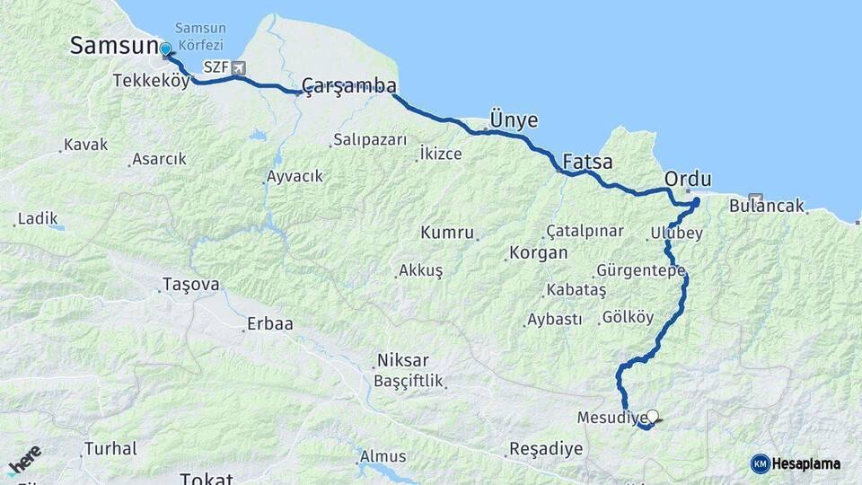 Samsun Mesudiye Ordu Arası Kaç Km - Yol Haritası
