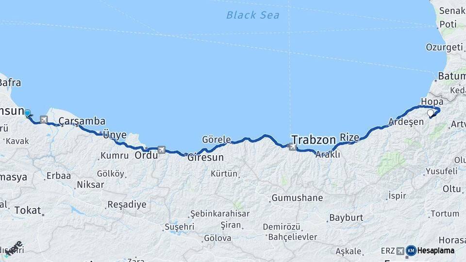 Samsun Murgul Artvin Arası Kaç Km - Yol Haritası