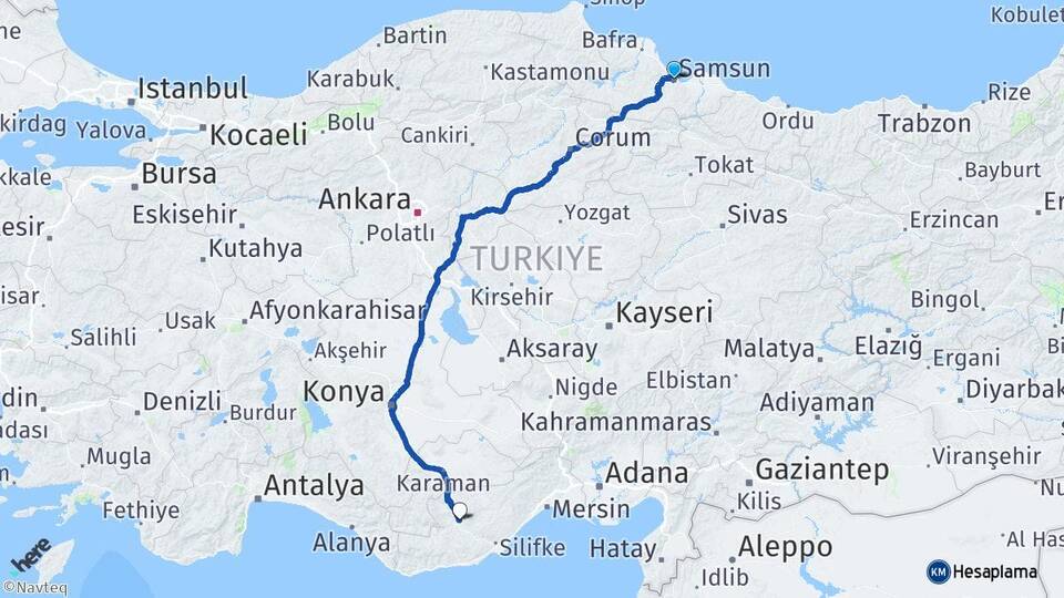 Samsun Mut Mersin Arası Kaç Km - Yol Haritası