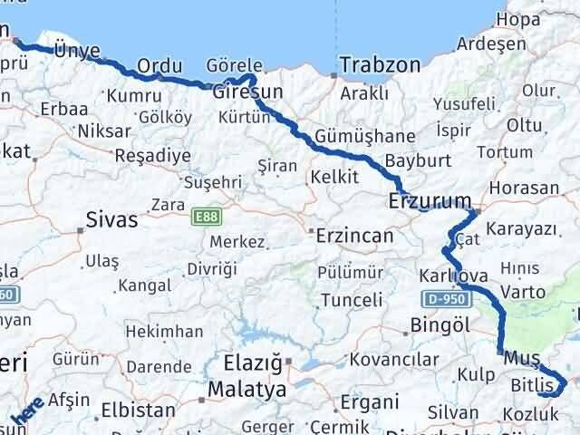 Samsun Mutki Bitlis Arası Kaç Km - Yol Haritası