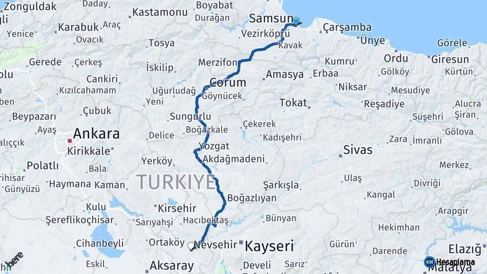 Samsun Nevşehir Arası Kaç Km - Yol Haritası