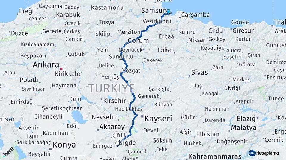 Samsun Niğde Arası Kaç Km - Yol Haritası