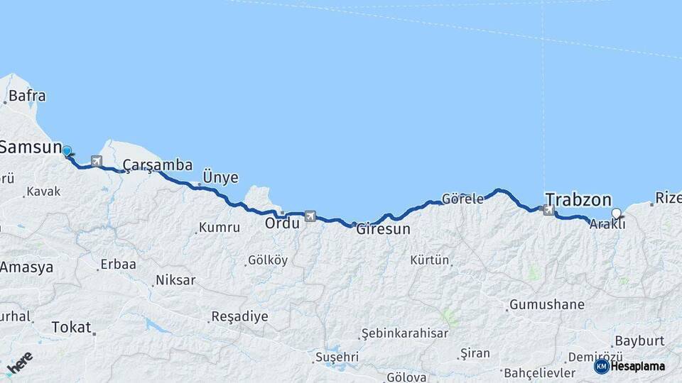 Samsun Of Trabzon Arası Kaç Km - Yol Haritası