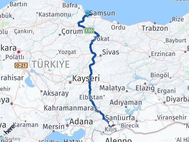 Samsun Oğuzeli Gaziantep Arası Kaç Km - Yol Haritası