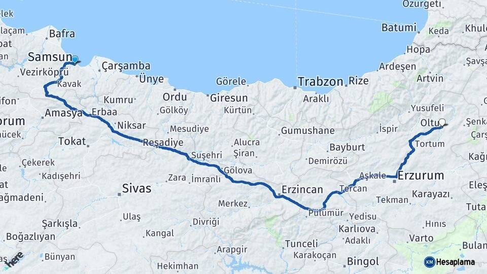 Samsun Oltu Erzurum Arası Kaç Km - Yol Haritası