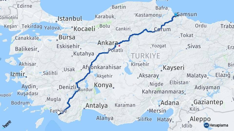 Samsun Ölüdeniz Fethiye Muğla Arası Kaç Km - Yol Haritası