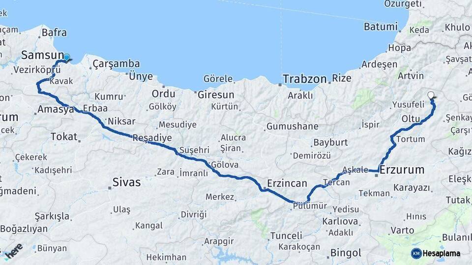 Samsun Olur Erzurum Arası Kaç Km - Yol Haritası