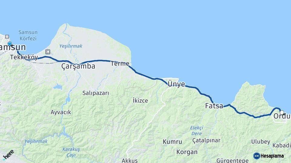 Samsun Ordu Arası Kaç Km - Yol Haritası