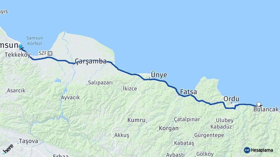 Samsun Ordu Giresun Havalimanı Arası Kaç Km - Yol Haritası