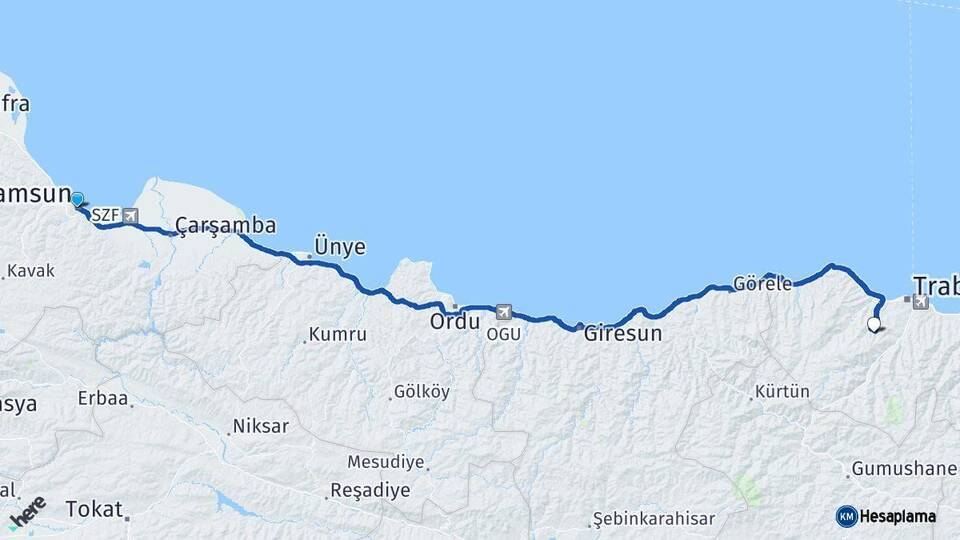 Samsun Ortahisar Trabzon Arası Kaç Km - Yol Haritası