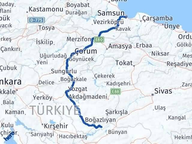 Samsun Özvatan Kayseri Arası Kaç Km - Yol Haritası