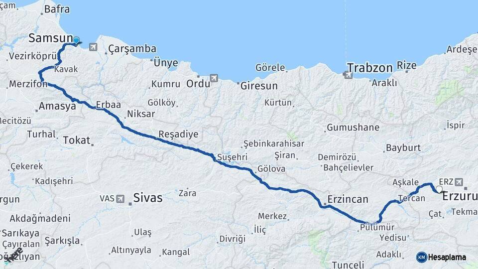 Samsun Palandöken Erzurum Arası Kaç Km - Yol Haritası