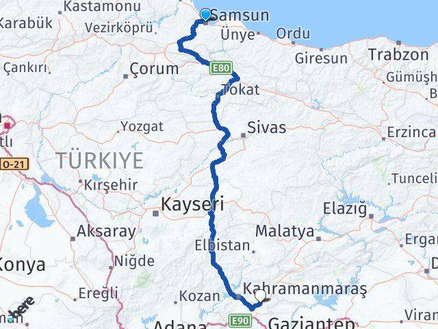 Samsun Pazarcık Kahramanmaraş Arası Kaç Km - Yol Haritası