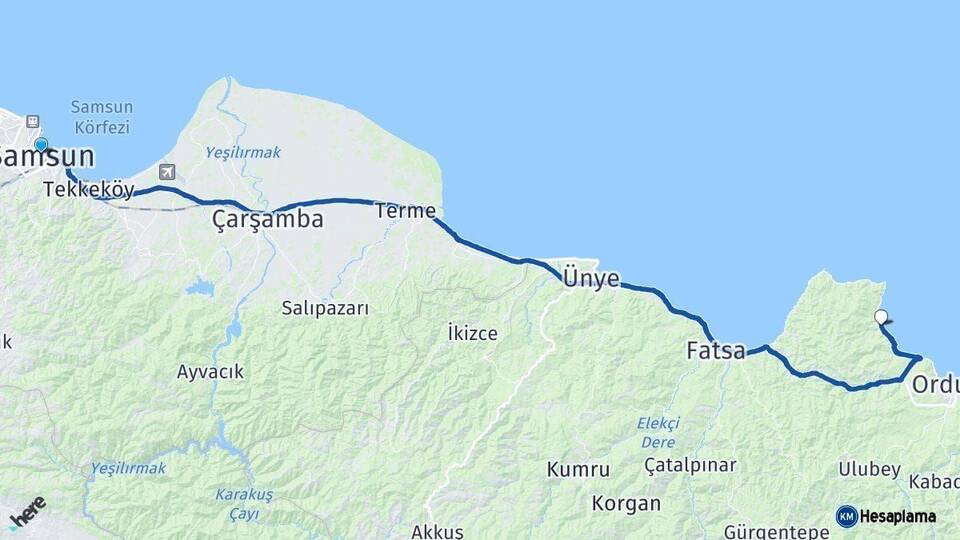 Samsun Perşembe Ordu Arası Kaç Km - Yol Haritası
