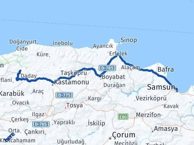Samsun Pınarbaşı Kastamonu Arası Kaç Km - Yol Haritası