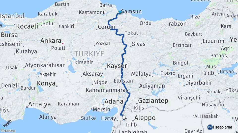 Samsun Reyhanlı Hatay Arası Kaç Km - Yol Haritası
