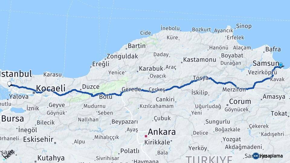 Samsun Sabiha Gökçen Havalimanı Arası Kaç Km - Yol Haritası