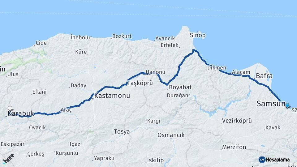 Samsun Safranbolu Karabük Arası Kaç Km - Yol Haritası