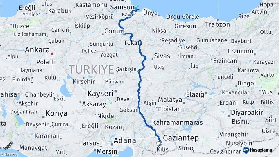 Samsun Şahinbey Gaziantep Arası Kaç Km - Yol Haritası