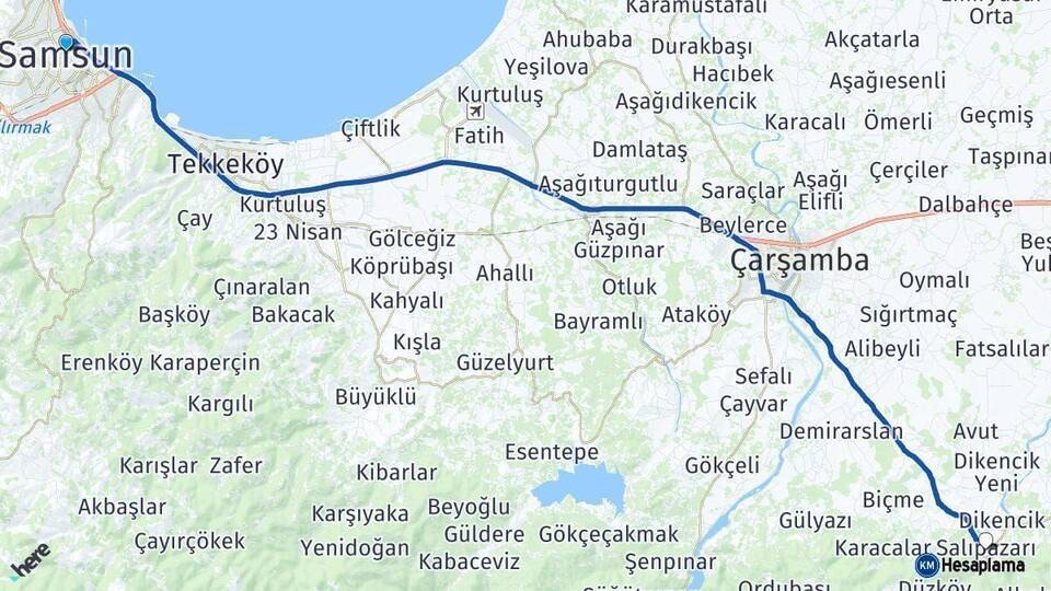 Samsun Salıpazarı Arası Kaç Km - Yol Haritası