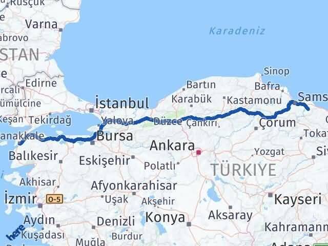 Samsun Salıpazarı Çanakkale Arası Kaç Km - Yol Haritası