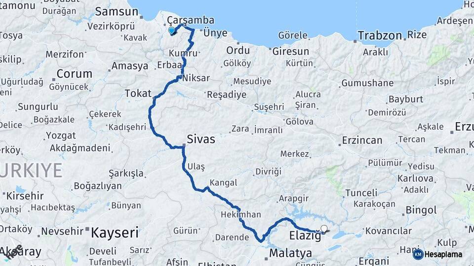 Samsun Salıpazarı Elazığ Arası Kaç Km - Yol Haritası