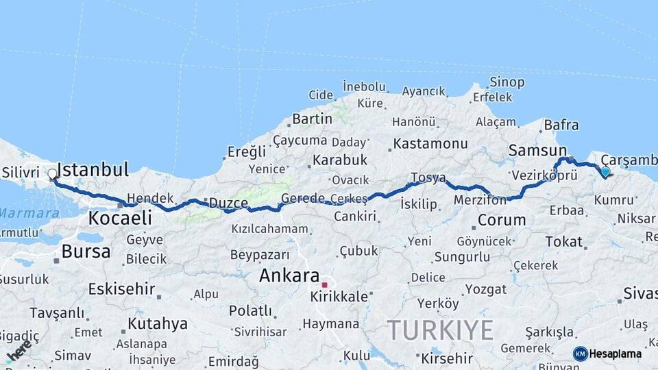 Samsun Salıpazarı İstanbul Arası Kaç Km - Yol Haritası