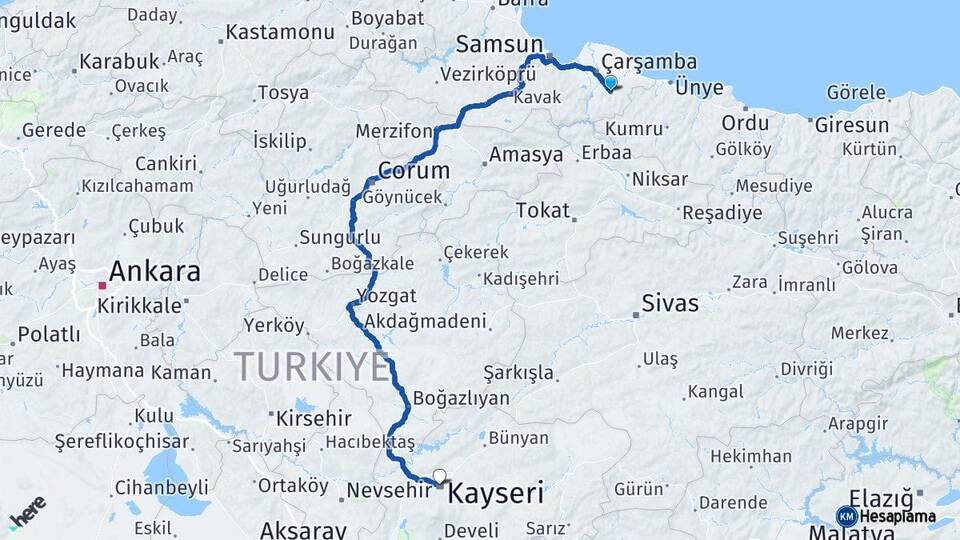 Samsun Salıpazarı Kayseri Arası Kaç Km - Yol Haritası