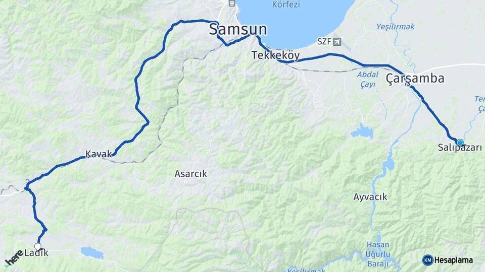 Samsun Salıpazarı Ladik Arası Kaç Km - Yol Haritası