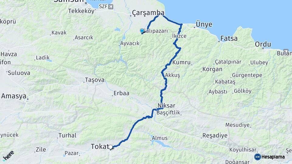 Samsun Salıpazarı Tokat Arası Kaç Km - Yol Haritası