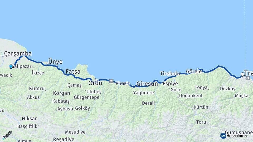 Samsun Salıpazarı Trabzon Arası Kaç Km - Yol Haritası
