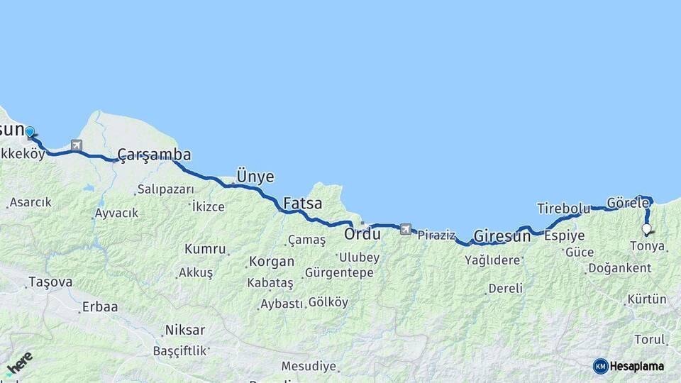 Samsun Şalpazarı Trabzon Arası Kaç Km - Yol Haritası