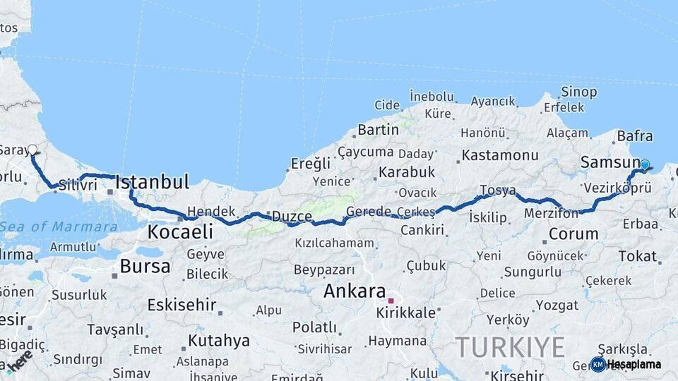 Samsun Saray Tekirdağ Arası Kaç Km - Yol Haritası