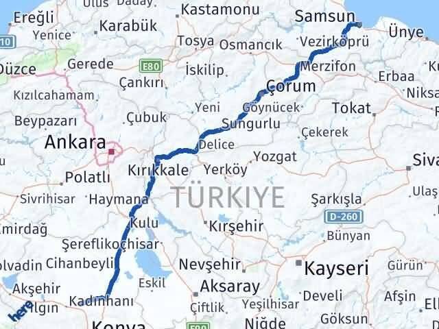 Samsun Sarayönü Konya Arası Kaç Km - Yol Haritası