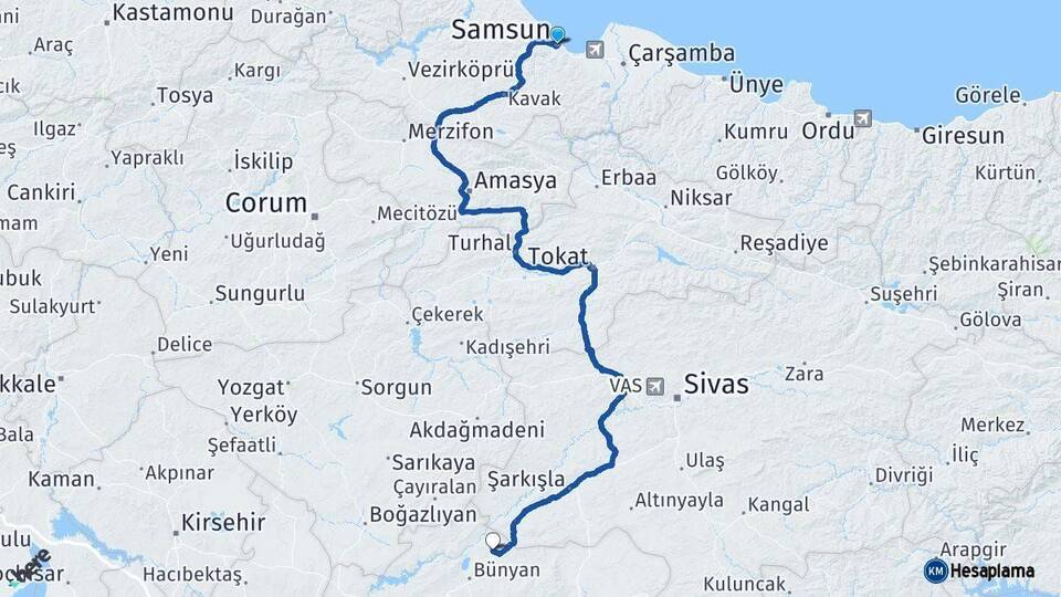 Samsun Sarıoğlan Kayseri Arası Kaç Km - Yol Haritası