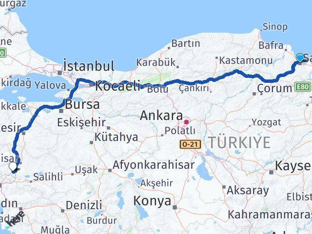 Samsun Saruhanlı Manisa Arası Kaç Km - Yol Haritası