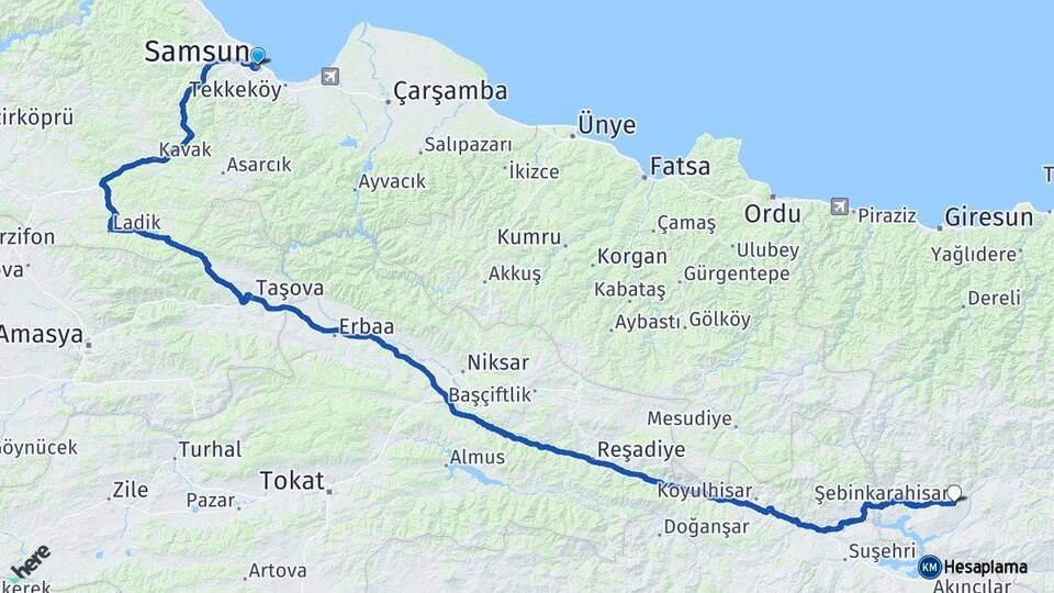 Samsun Şebinkarahisar Giresun Arası Kaç Km - Yol Haritası