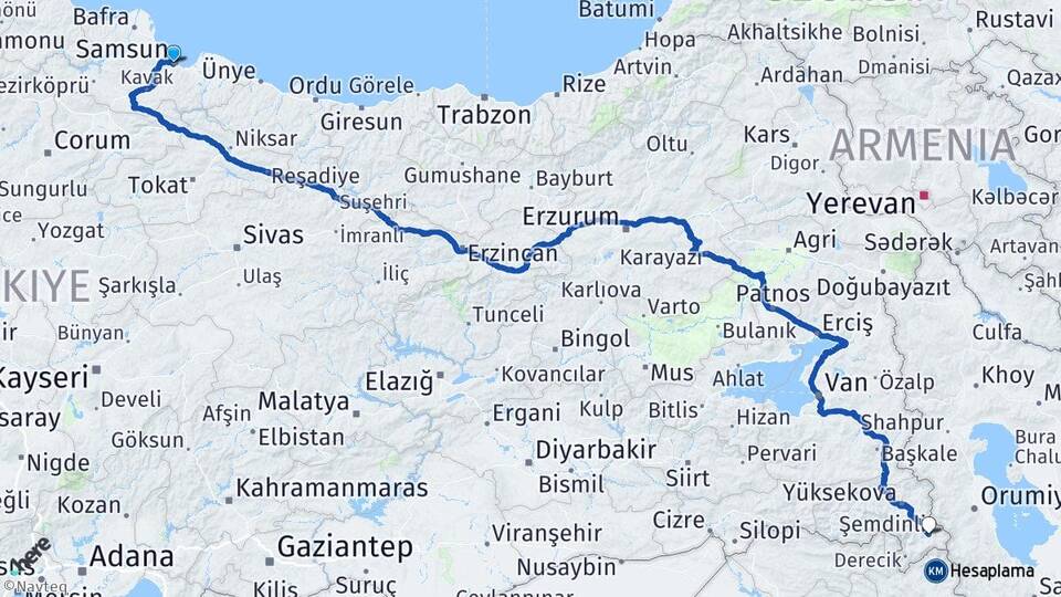 Samsun Şemdinli Hakkari Arası Kaç Km - Yol Haritası
