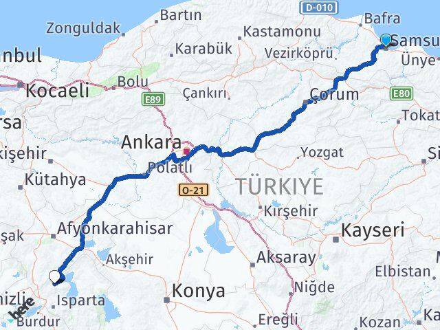 Samsun Senirkent Isparta Arası Kaç Km - Yol Haritası